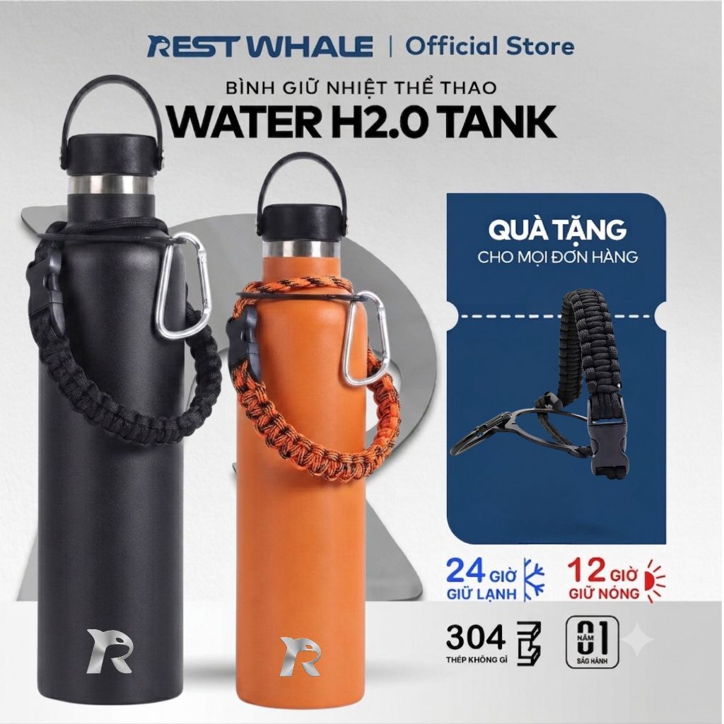 (ฟรีสายรัด) Rest Whale RW06 H20 ถังกีฬาทางน้ํากระติกน้ําร้อน 750ml/1000ml ฉนวน 304 สแตนเลส