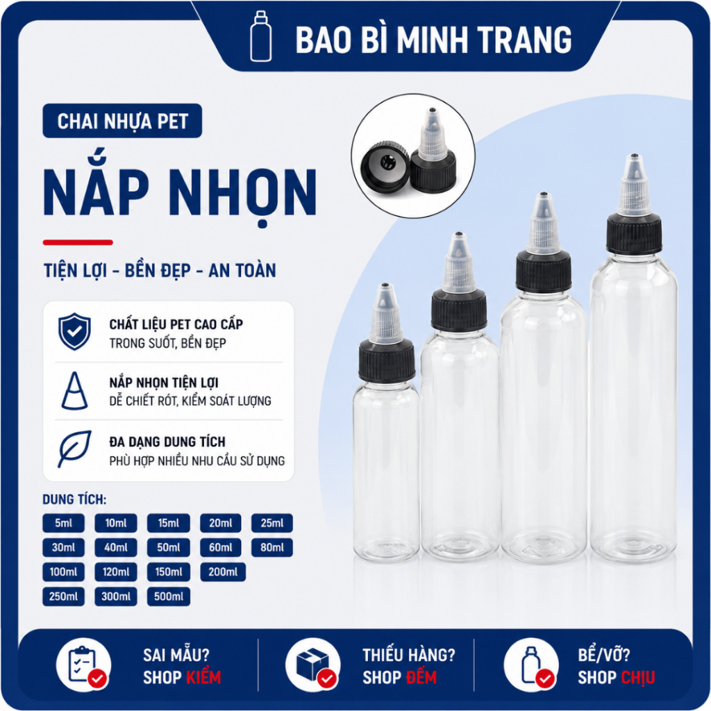 ขวดเปล่าพลาสติก PET ใส 15ml–500ml | ขวดโหลพลาสติกพร้อมฝาแหลมสําหรับหมึกสักและเครื่องสําอาง