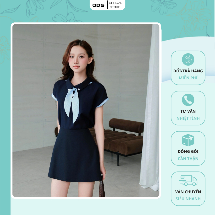 ODS เสื้อเชิ้ตสีน้ําเงินและสีดํา ดีไซน์คอโปโลลายตารางสีน้ําเงิน หูกระต่าย แขนหอยสีฟ้าไฮบริด - JT8