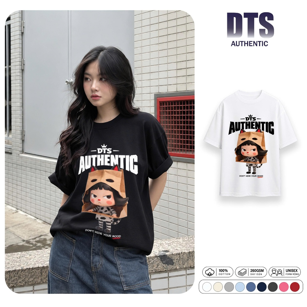 Unisex Moody Cat 2-Way Cotton Loose T-shirt – Cat Girl Paper Box Graphic DTS Oversize