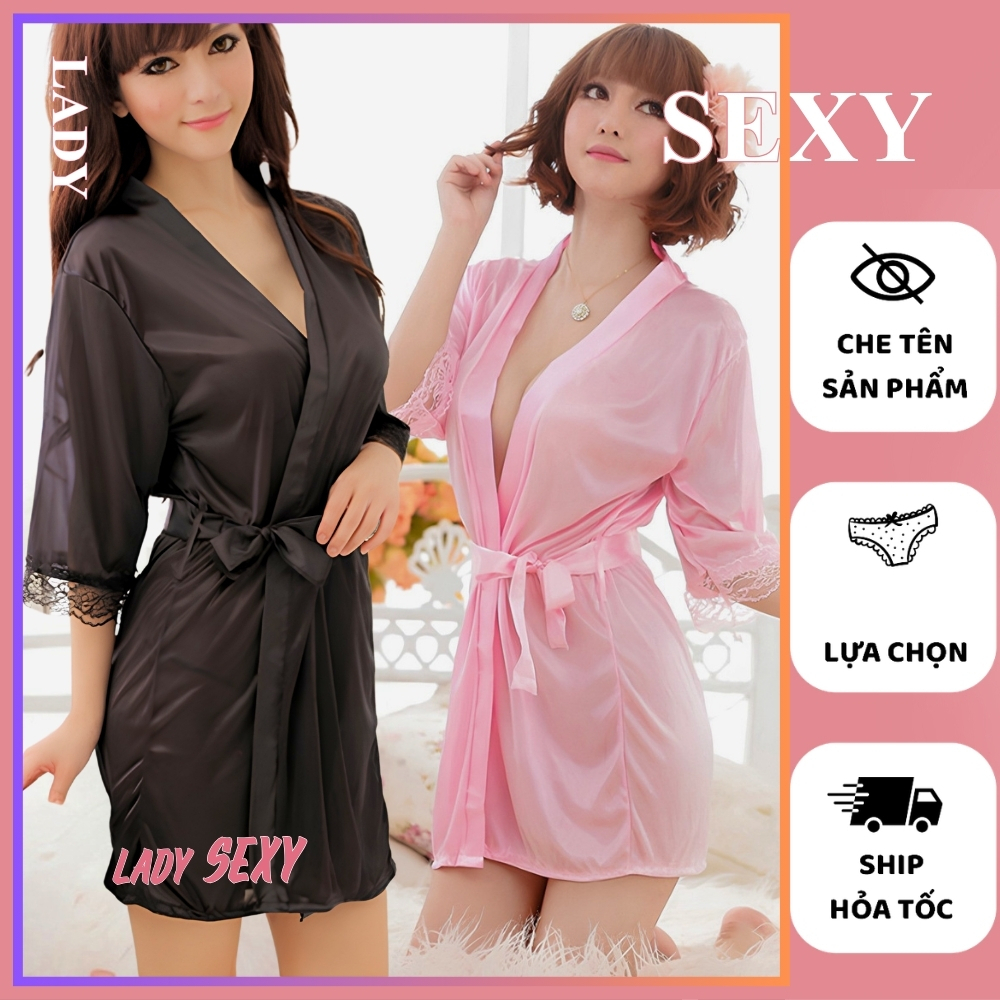 ชุดนอนสตรีเซ็กซี่ AC02 LadySexy V คอผ้าไหมเงาชุดกิโมโน Robe Embellishes Hot Seduction