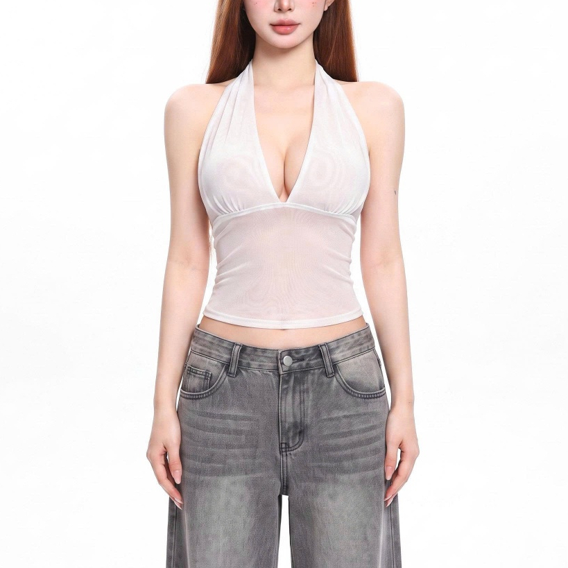 เสื้อเชิ้ตตาข่ายผู้หญิงคอปกยกทรง A68 Stretch Slim Fit – Y2K Hot Trend Personality Mesh T-Shirt