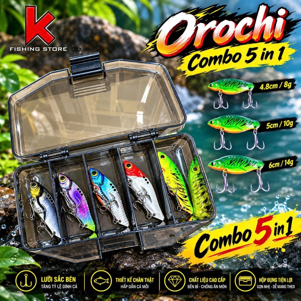 Combo 5 เหยื่อปลาเหล็ก OROCHI 8g 10g 12g 14g – เหยื่อโลหะตา 3D, ลิ้น Ba Tieu, สีเกล็ดปลา – ปลาช่อน, 
