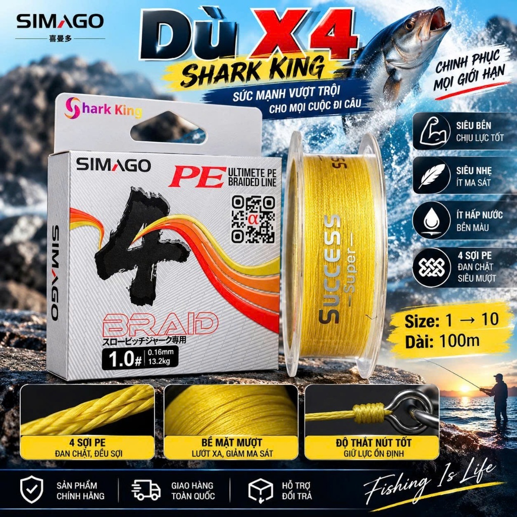 สาย PE Simago Shark King 100M X4 – ทนต่อการขัดถู, ตกปลาล่อแช่