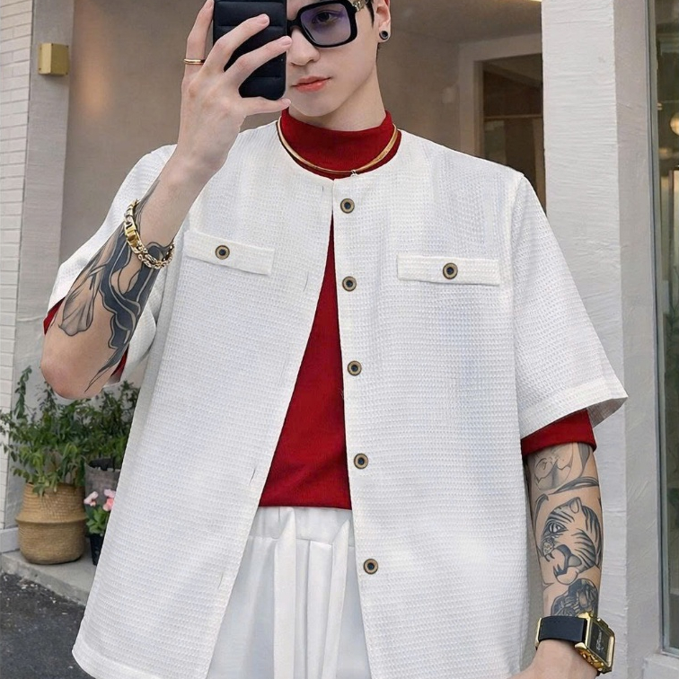 GENT style CROP เสื้อเชิ้ตผู้ชายและผู้หญิง เรียบหรู แขนหลวม