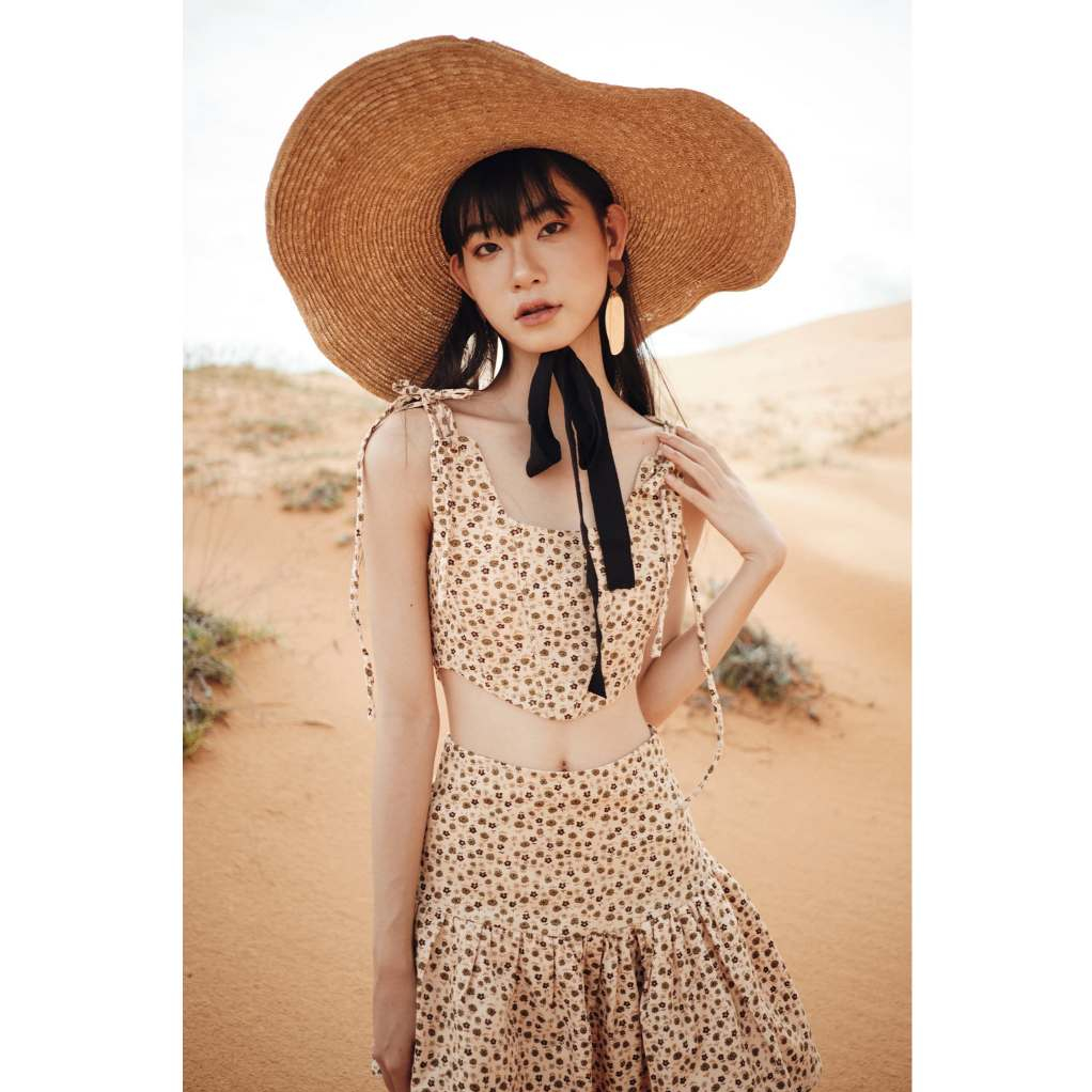 The Country Corset Top with Cowboy Short Skirt Set in Brown Floral Cotton