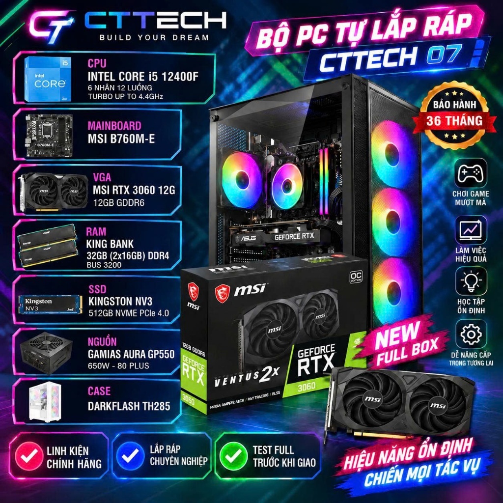 CTTECH 07 MSI RTX 3060 12GB / I5-12400F / MSI B760M-E / 32GB RAM / 512GB NVMe SSD / ใหม่