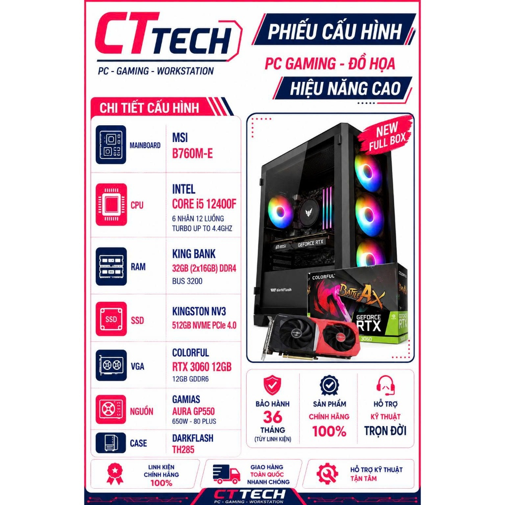 CTTECH 08 CLF RTX 3060 12GB / I5-12400F / MSI B760M-E / 32GB RAM / 512GB NVMe SSD | ใหม่ ใหม่ ใหม่