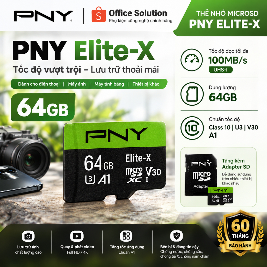 PNY Elite-X MicroSD 64GB Class 10, UHS-I, U3 การ์ดหน่วยความจํา (P-SDU64GU3100EX-GE) - ของแท้ 60 เดือ