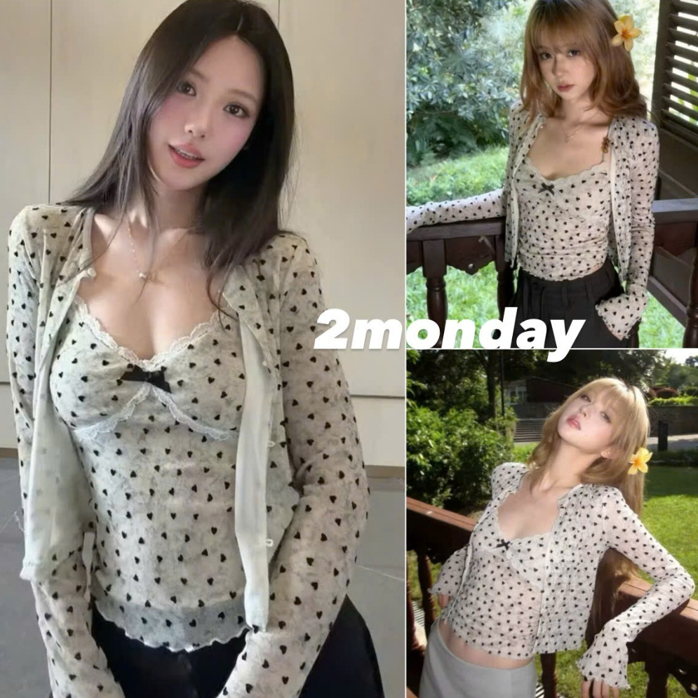 [ผลิตภัณฑ์ QC/ TYPE 1] CARDIGAN SHIRT SET WITH SUPER BEAUTIFUL SOFT HEART PATTERN BOW SHIRT 2MONDAY S77