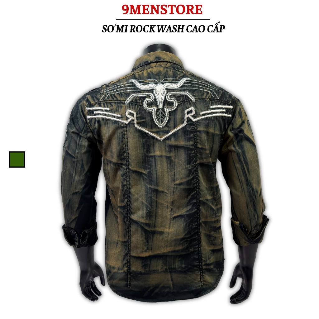 (WASH VIP VERSION) เสื้อเชิ้ตคลาสสิกหินคุณภาพสูงปักลายวัวสีดําดอกเบญจมาศโลหะหรูหราผ้าสีกากี 76