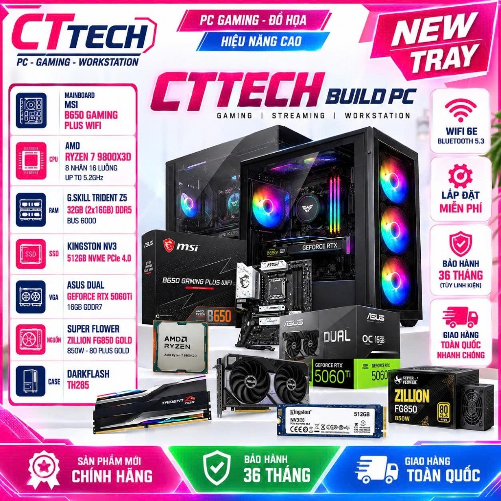 CTTech 06 Assembly PC Set Asus 5060Ti 16GB / Ryzen 7 9800X3D / B650 / 512GB / ใหม่ | 36เดือน