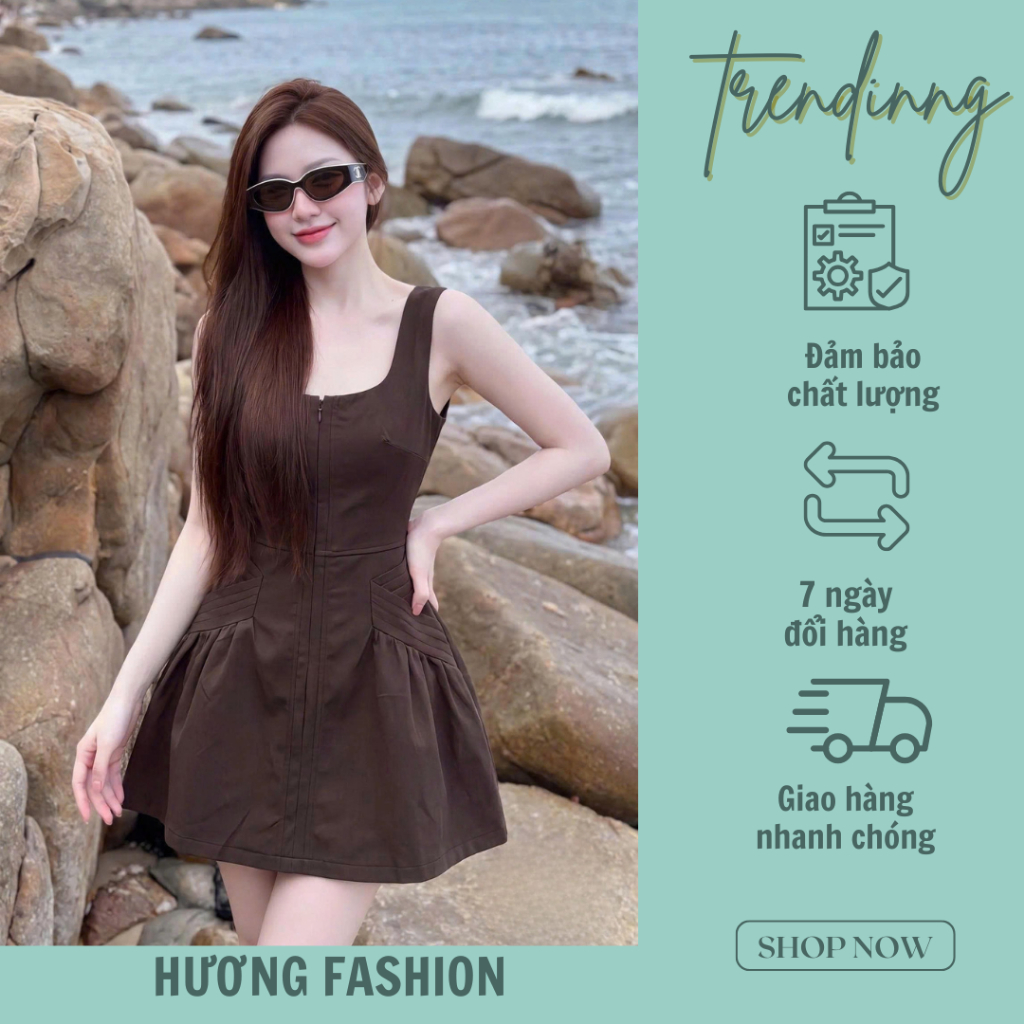 Vt sll Huongfashion เดรสสีกากีคอ u และสะโพกบาน