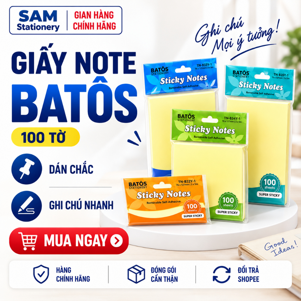 [ของแท้] กระดาษโน๊ต บาโตส 3x2 3x3 3x4 3x5 นิ้ว – กระดาษโน๊ตกาวในตัว 100 แผ่น บันทึกการทํางานและการศึ