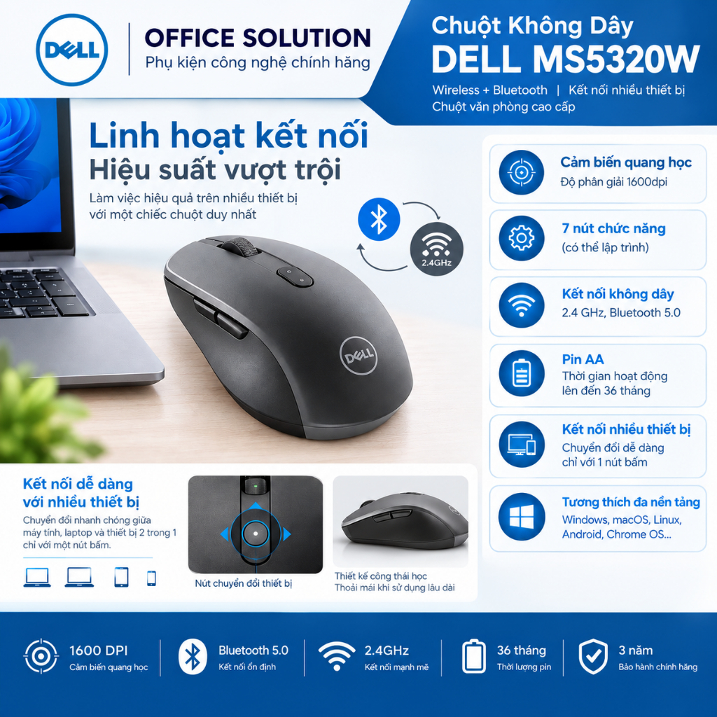 เมาส์ไร้สาย Dell MS5320W ของแท้ - ไร้สาย + บลูทูธ - เชื่อมต่ออุปกรณ์หลายตัว - เมาส์สํานักงานคุณภาพสู