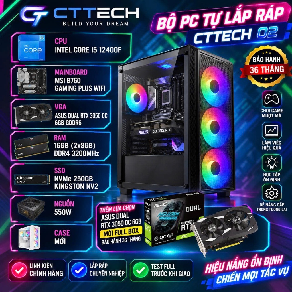 CTTech 02 ASUS RTX 3050 6G / I5 12400F / 16GB 3200MHZ / NVMe 256G | ใหม่ ใหม่ ใหม่ | 36เดือน