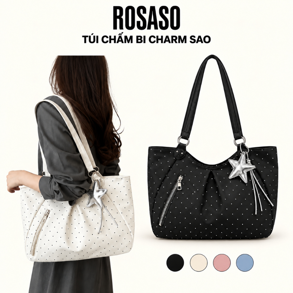ROSASO กระเป๋าโท้ทผู้หญิงลายลายจุดและกระเป๋าสะพายไหล่แบบพกพาความจุขนาดใหญ่ Star Charm TX98