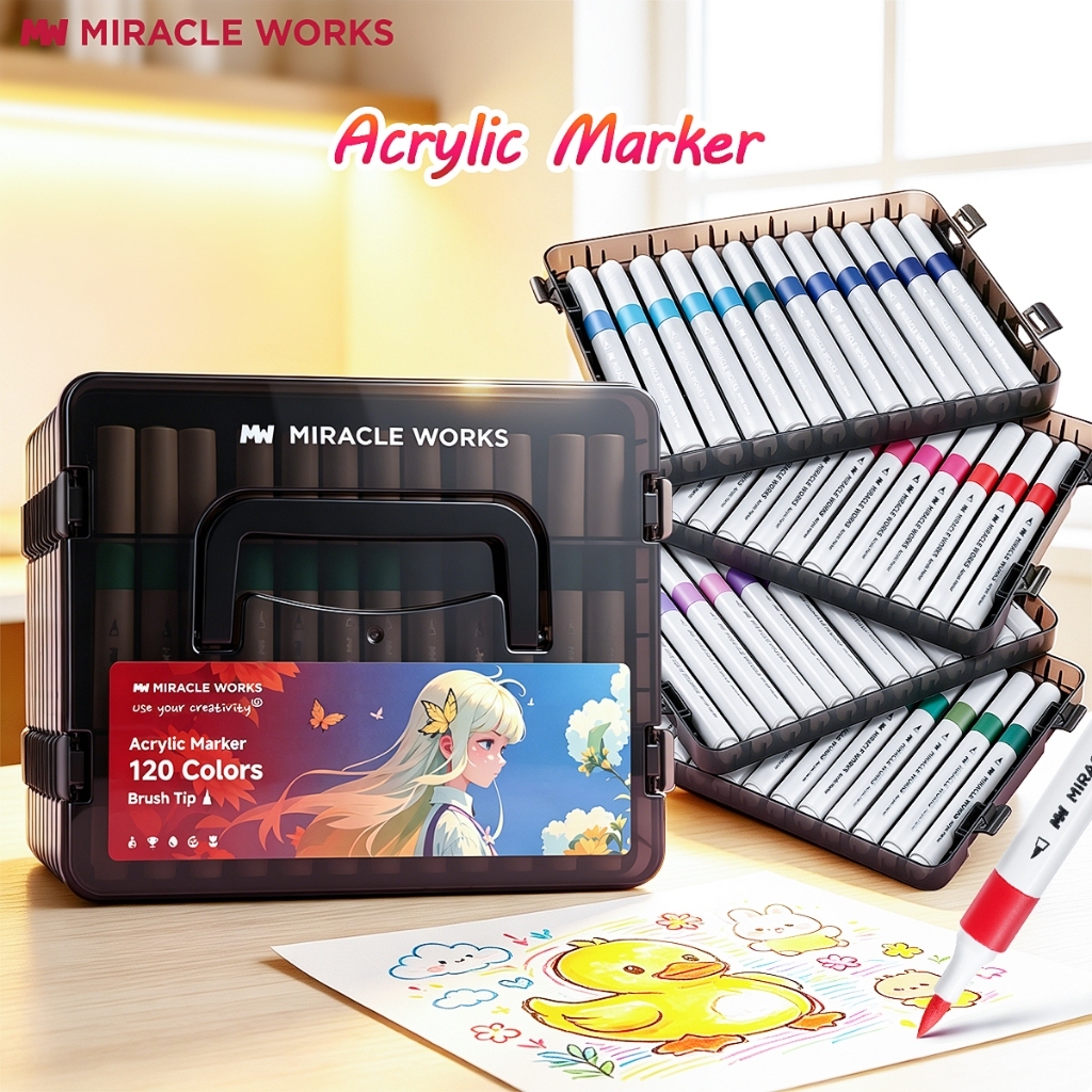 Miracle Works ปากกามาร์กเกอร์อะคริลิค (หัวแปรง) 36/48/60/80/120 สี หมึกเพิ่มเติม 90% ระบายสีทุกวัตถุ