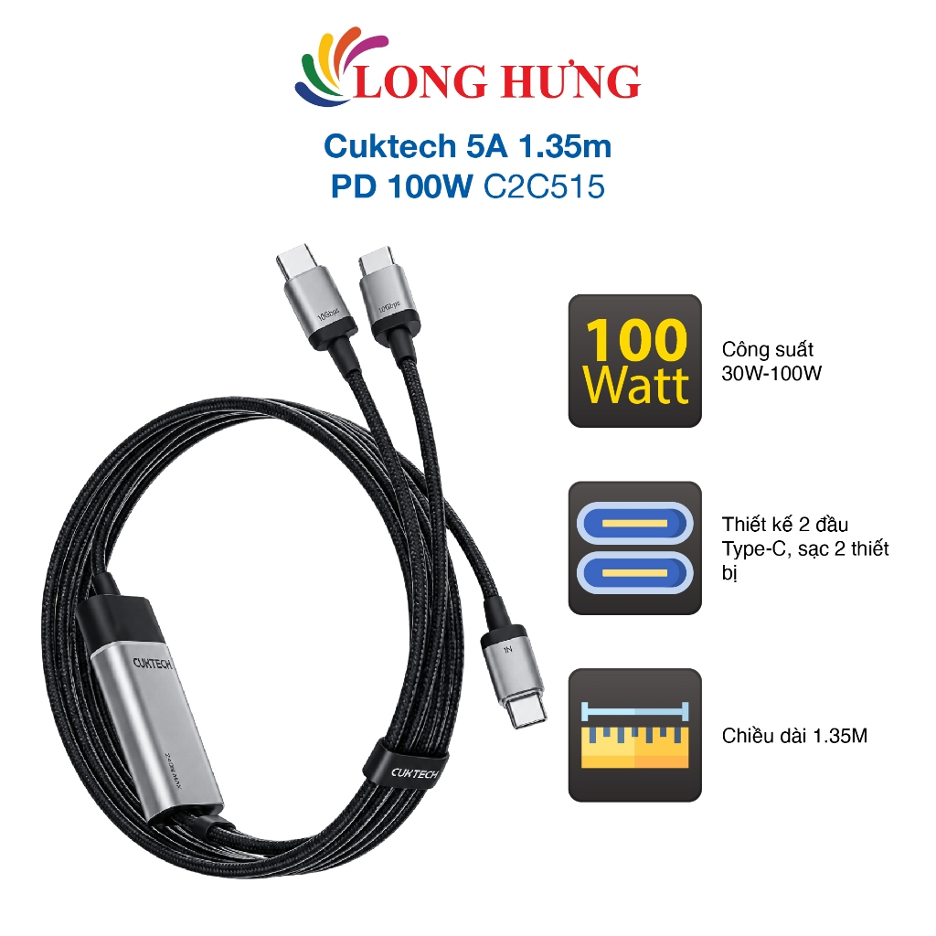 สาย Cuktech USB Type-C to Type-C 5A 1.35m PD 100W C2C515 - สินค้าของแท้