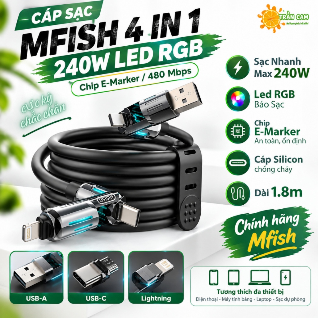 Mfish 4 in1 240W LED RGB E-Marker Chip สายชาร์จเร็ว, สายซิลิโคนกันไฟ, การถ่ายโอนข้อมูล 480Mbps, ยาว 