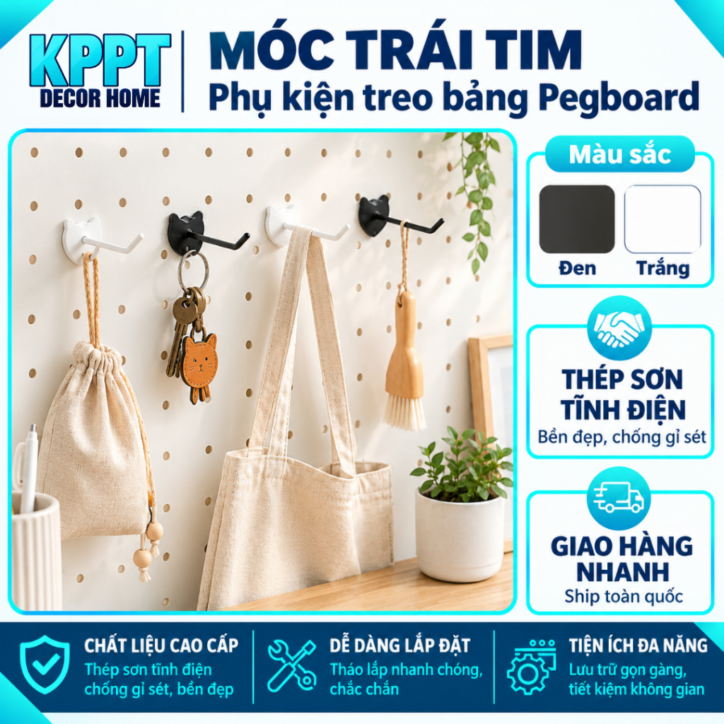 ตะขอหัวใจ ตะขอ Pegboard รูแขวนสะดวก ที่แขวนตกแต่ง | ขาว-ดํา