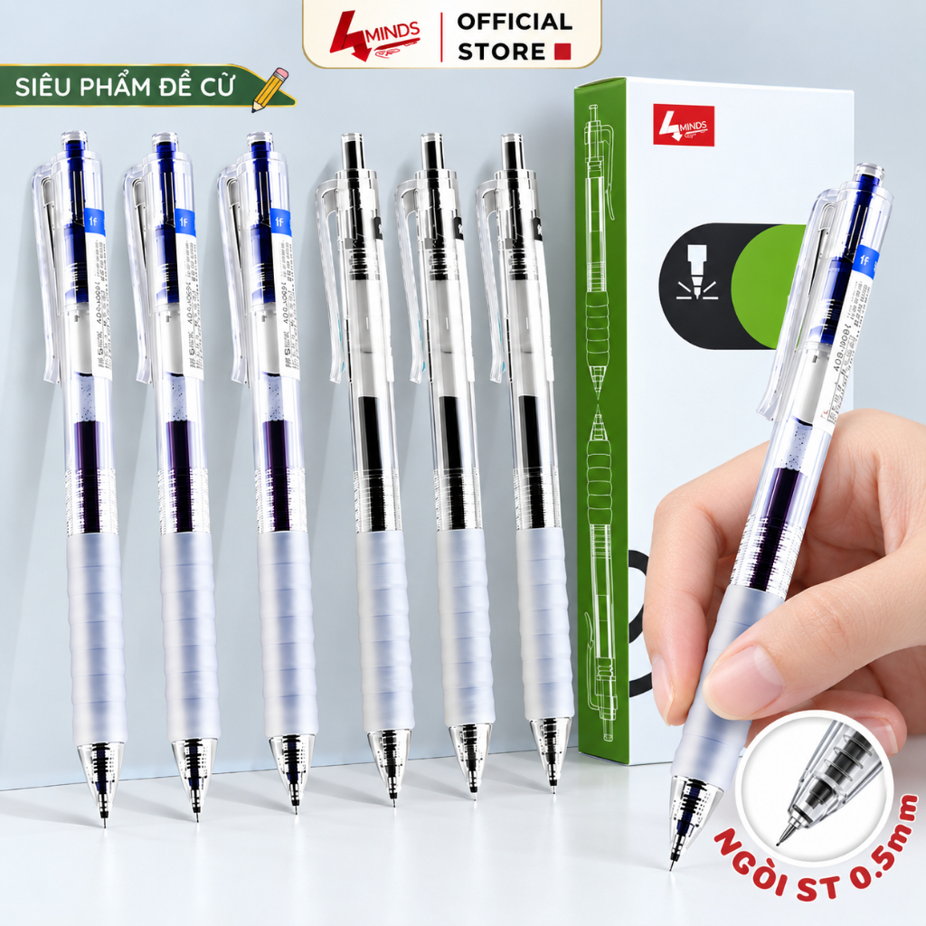 Combo 5/10/20 ปากกาเจลแบบกด ST nib 0.5 มม. 4MINDS แห้งเร็ว 1 SECOND หมึกสีน้ําเงิน/สีดํา ดีไซน์เบาะน