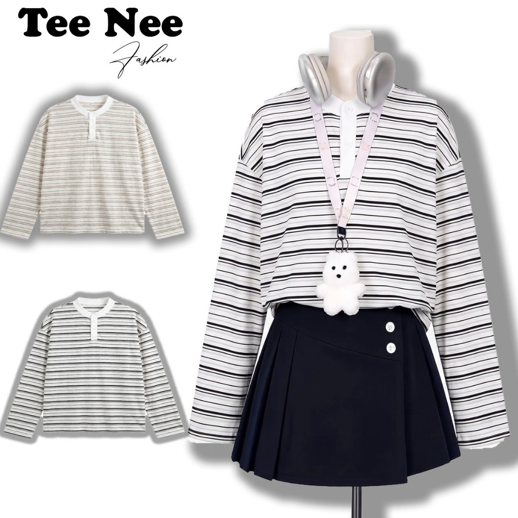 TeeNee เสื้อยืดแขนยาวลายสก๊อตทรงหลวมพื้นฐานสําหรับผู้ชายและผู้หญิงผ้าฝ้ายนุ่มและบาง - ATDTCT