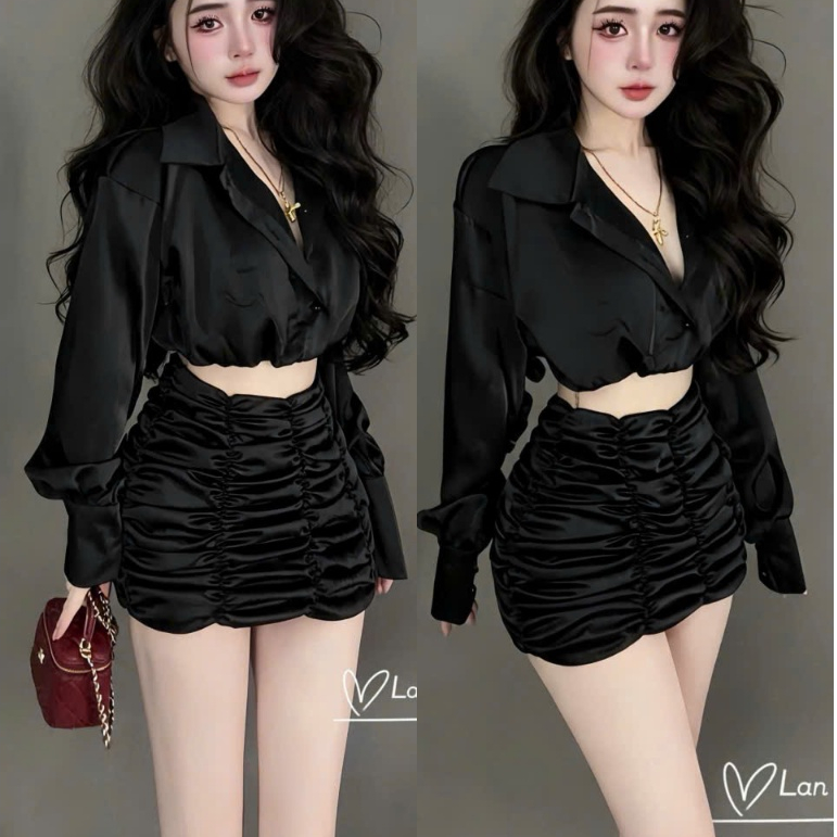 SHOP LPT_ชุดผู้หญิงเสื้อคอปกแขนยาวและกระโปรงยัก