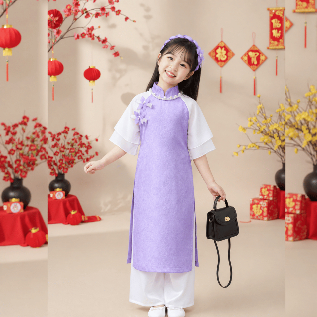 [A2 Tet Ao Dai] Ao dai สําหรับเด็กผู้หญิงตั้งแต่ 9กก. ถึง 42กก. ทําจากผ้าเครปผสมผ้าไหมชีฟองนุ่มเท่ [