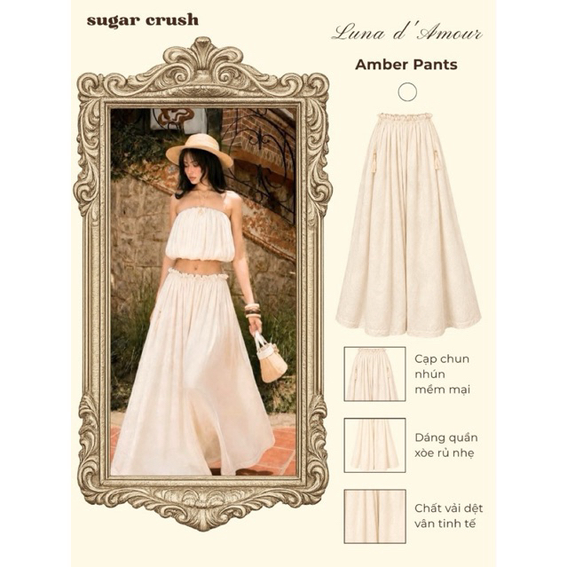 SUGAR CRUSH - กางเกงขากว้างลูกไม้ลายดอกไม้ 2 ชั้นพร้อมขอบเอวยางยืดทรงหลวม - กางเกงสีเหลืองอําพัน