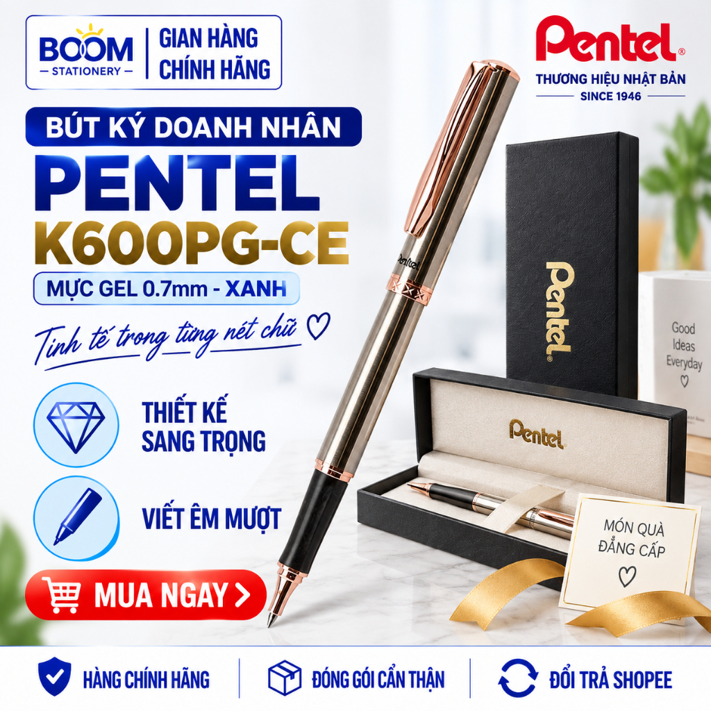 [GENUINE] ปากกาลงนามธุรกิจ Pentel K600PG-CE 0.7 มม. – หมึกเจลสีน้ําเงิน, เคสเงินชุบทองหรูหรา, รวมกล่อง