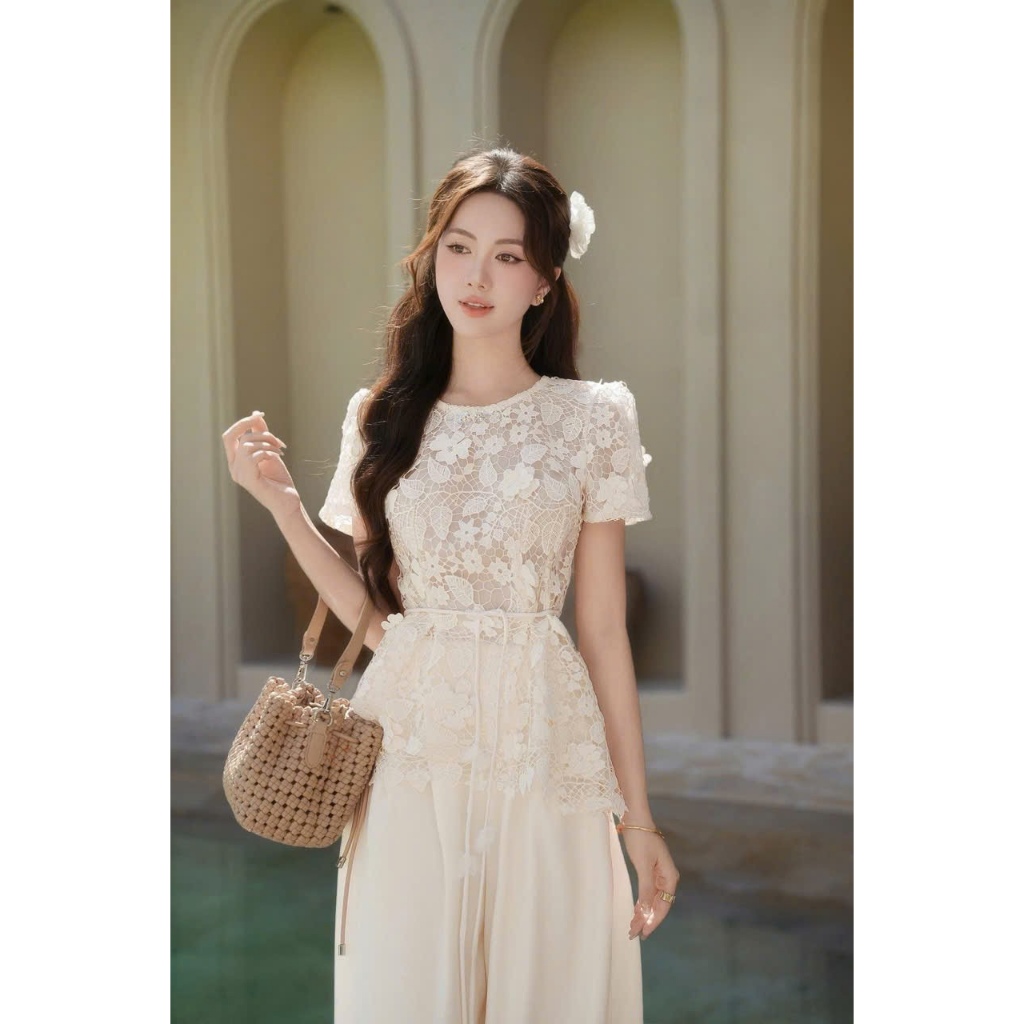 Hb.studio เสื้อลูกไม้ผู้หญิง เซตกางเกงขากว้างพองหุ่นหรูหรา S29