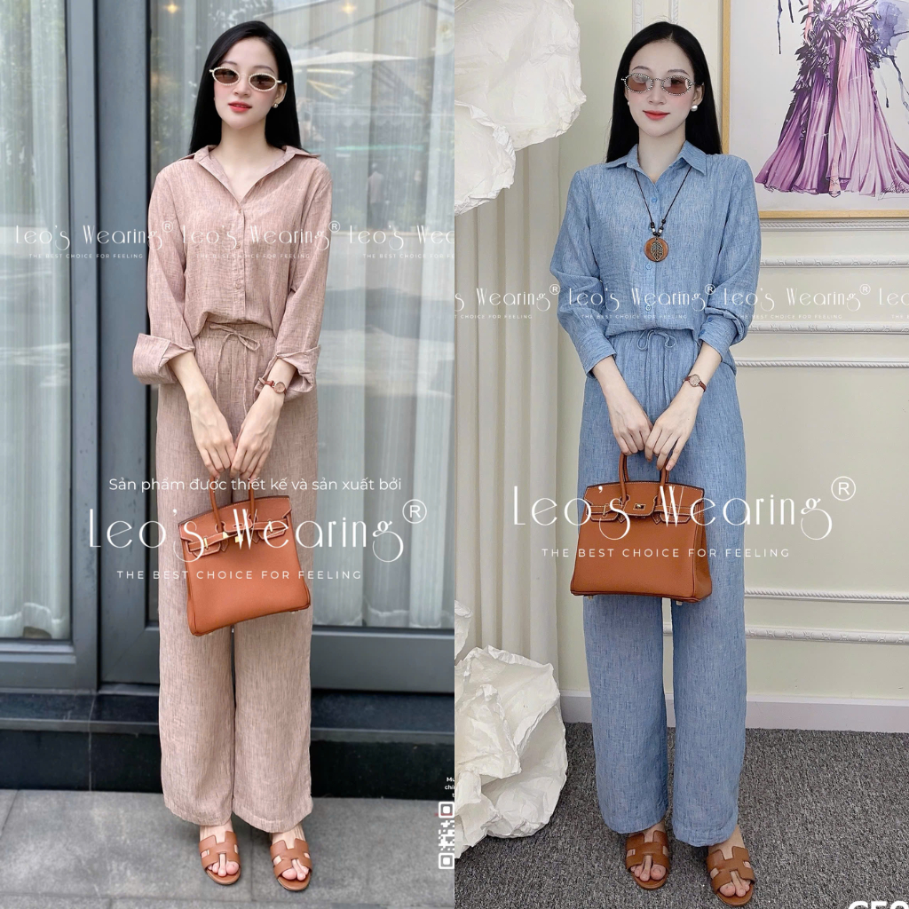 G58 LEOSWEARING ชุดเซ็ตผู้หญิง เสื้อแขนยาว และกางเกงขาตรงเอวยางยืด