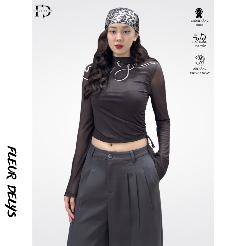 Fleurs เสื้อยืดแขนยาวผู้หญิงตาข่ายสีเทา 3 นิ้วปีนเขาคอปก Drawstring เอว DLC170