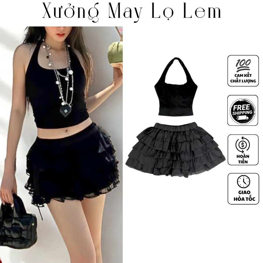 (HCMC EXPRESS) ชุดคอปกกระโปรงไหมพรมชั้น (ภาพจริง) K6424_XUONGMAYLOLEM