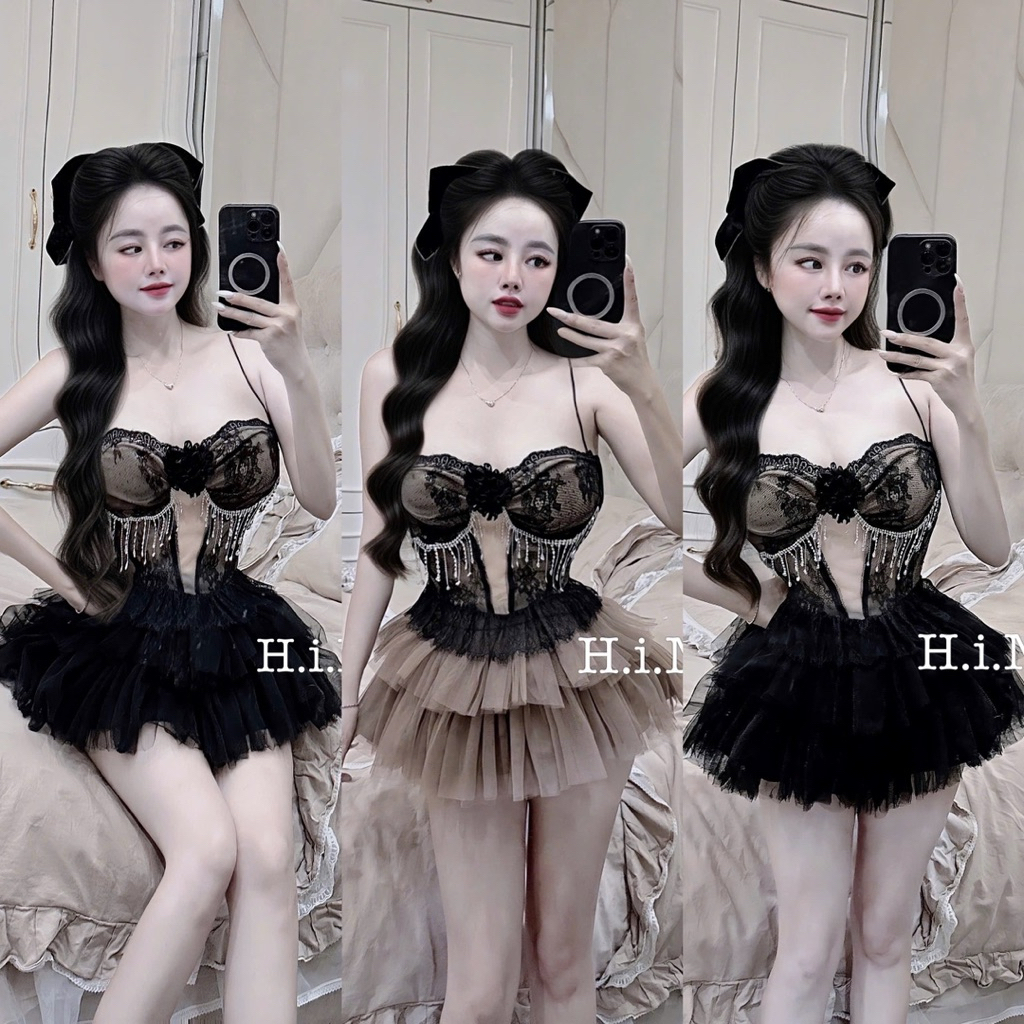 ชุดลูกไม้หน้าอกโซ่ พลอยเทียม เย็บมือ + กระโปรงกระดุมคู่ 4 ชั้นมาใหม่ร้อน