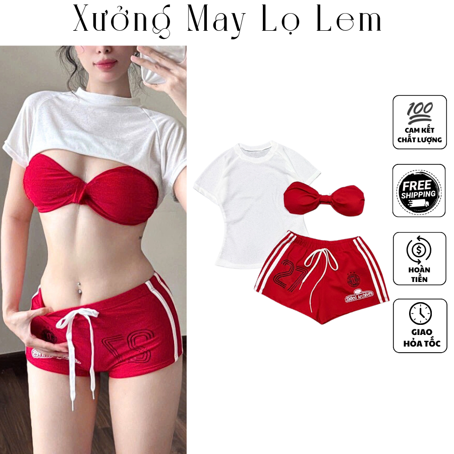 (HCMC EXPRESS) ชุดเสื้อบิกินี่เสื้อต้นขา 3 ชิ้นพร้อมเสื้อคอตตอนกระดาษ K6386_XUONGMAYLOLEM