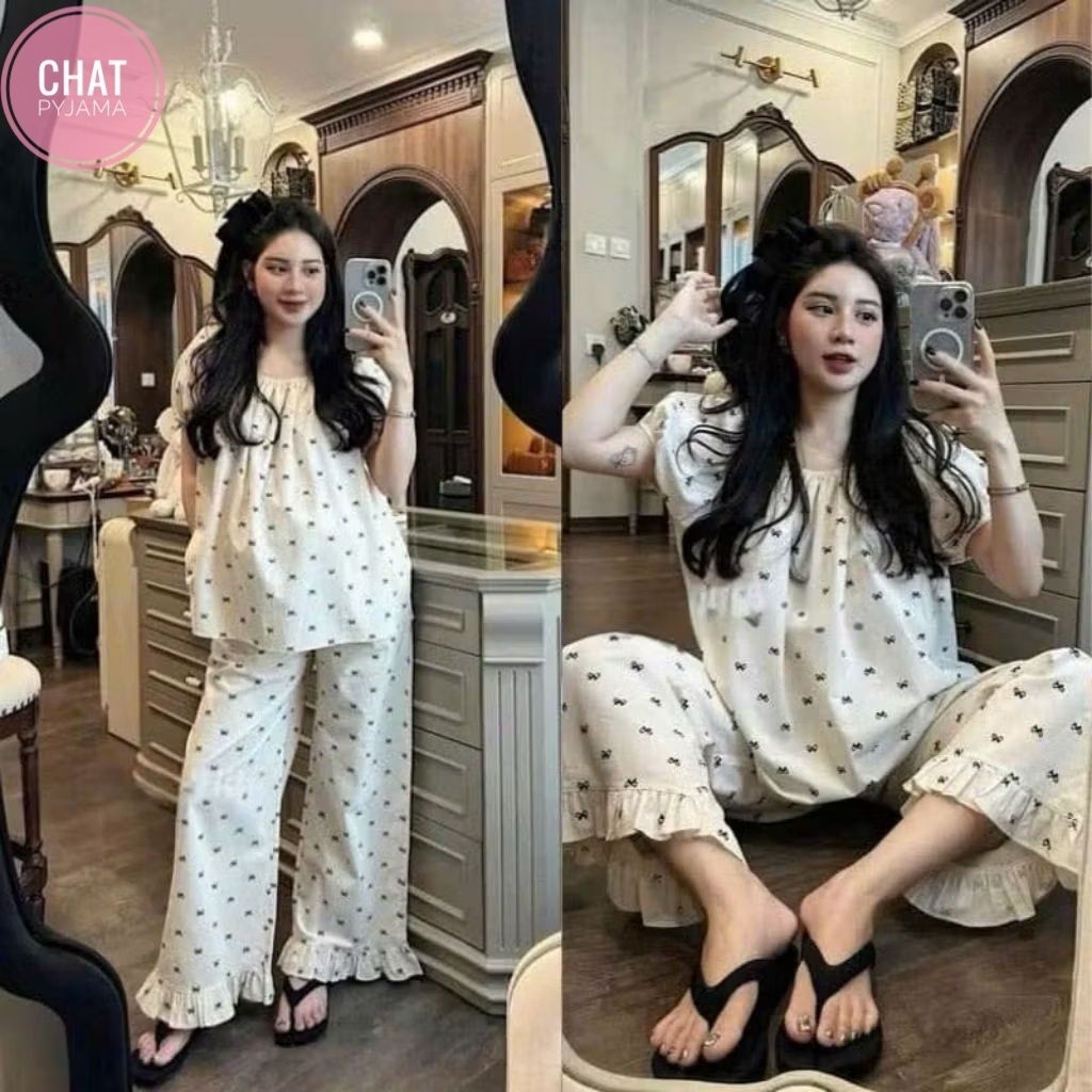 PYJAMA SET WITH ROLLED SLEEVES AND ROUND-NECKLACE LONG PANTS IN SOFT, COOL