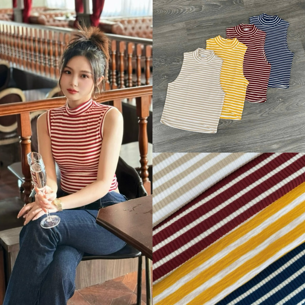 THE HIFU - เสื้อยืดถักโครเชต์ลายทาง ใส่ง่ายคอเต่า 4 สี