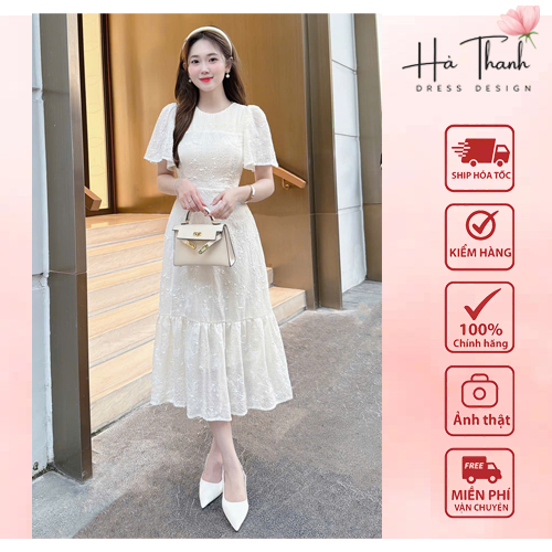 (GENUINE HALE) V602 ชุดเดรสครีมทรงเอสุดหรูพร้อมหางปลาบานยาว Ha Thanh Boutique ชุดเดรสผ้าไหมผู้หญิง