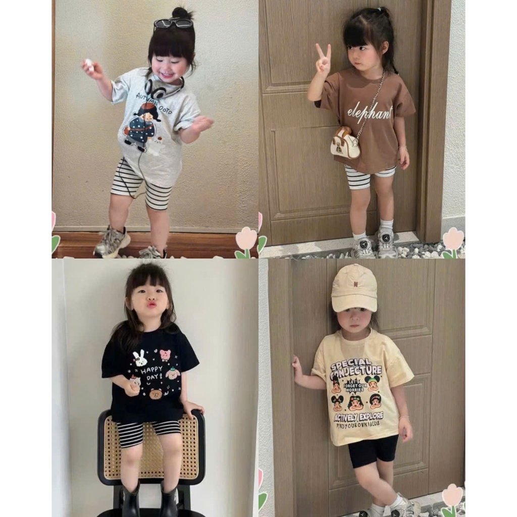Set กางเกงขาสั้นและเสื้อยืดเด็กผู้หญิง (4 CUTE PATTERNS) ผ้าคอตตอนเนื้อนุ่ม ไซส์ 8-20kgM89