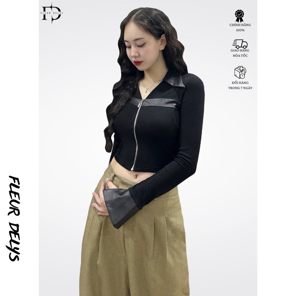 Fleurdelys เสื้อยืดแขนยาวผู้หญิงคอปกเยอรมันและซิปหนัง DLC125