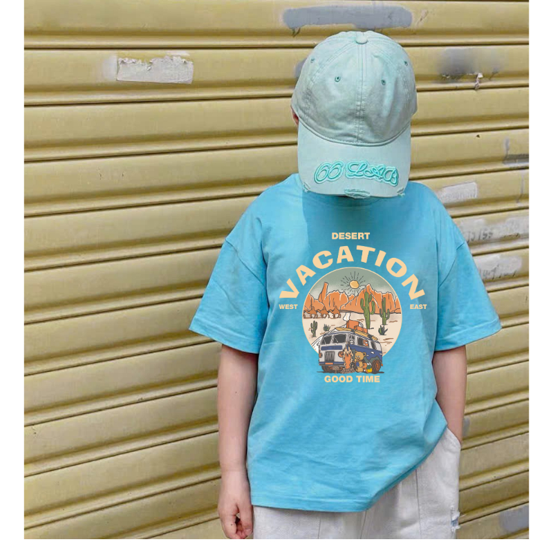 เสื้อยืดแขนสั้นเด็กชายพิมพ์ลายวันหยุด - เด็ก JULY ผ้าคอตตอน 4 ทางเรียบ มีทุกขนาด 17-37กิโลกรัม