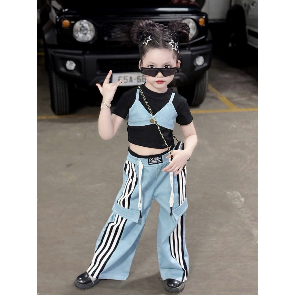 (DESIGNER) HK76 ชุดเสื้อยืดและกางเกงยีนส์กางเกงลายสก๊อต 7-40kg