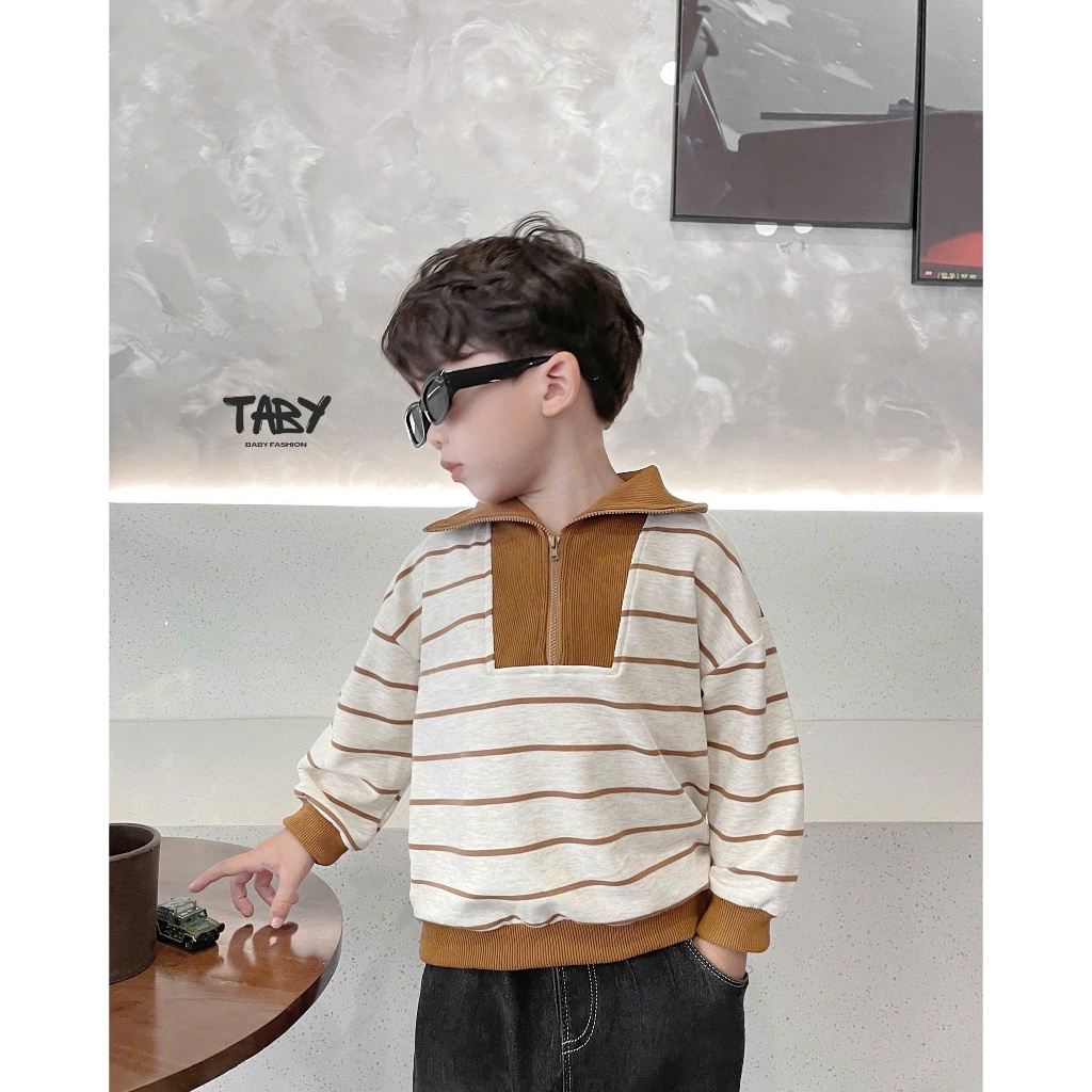 [Taby] เสื้อสเวตเตอร์หนังปลาลายทางแนวนอนคอปกระบายอากาศวัสดุสักหลาดหนังปลาหนาสําหรับเด็ก 9-24กก. 4407