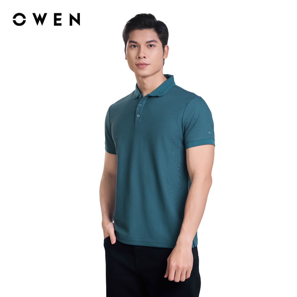 OWEN - เสื้อโปโลแขนสั้น Bodyfit APV253613 สีเขียวเข้ม คอตตอน-โพลี-สแปนเด็กซ์