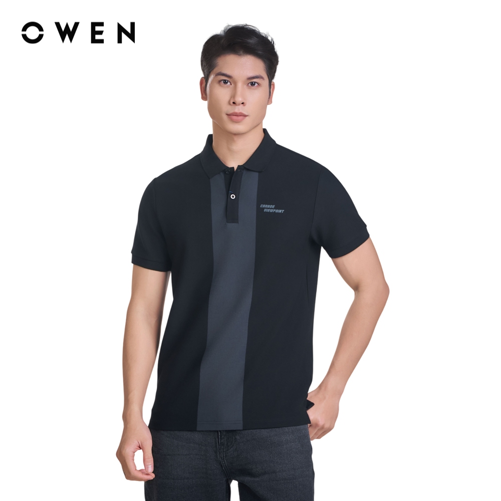 OWEN - เสื้อโปโลแขนสั้น Bodyfit APV253631 สีดํา คอตตอน-โพลี-สแปนเด็กซ์