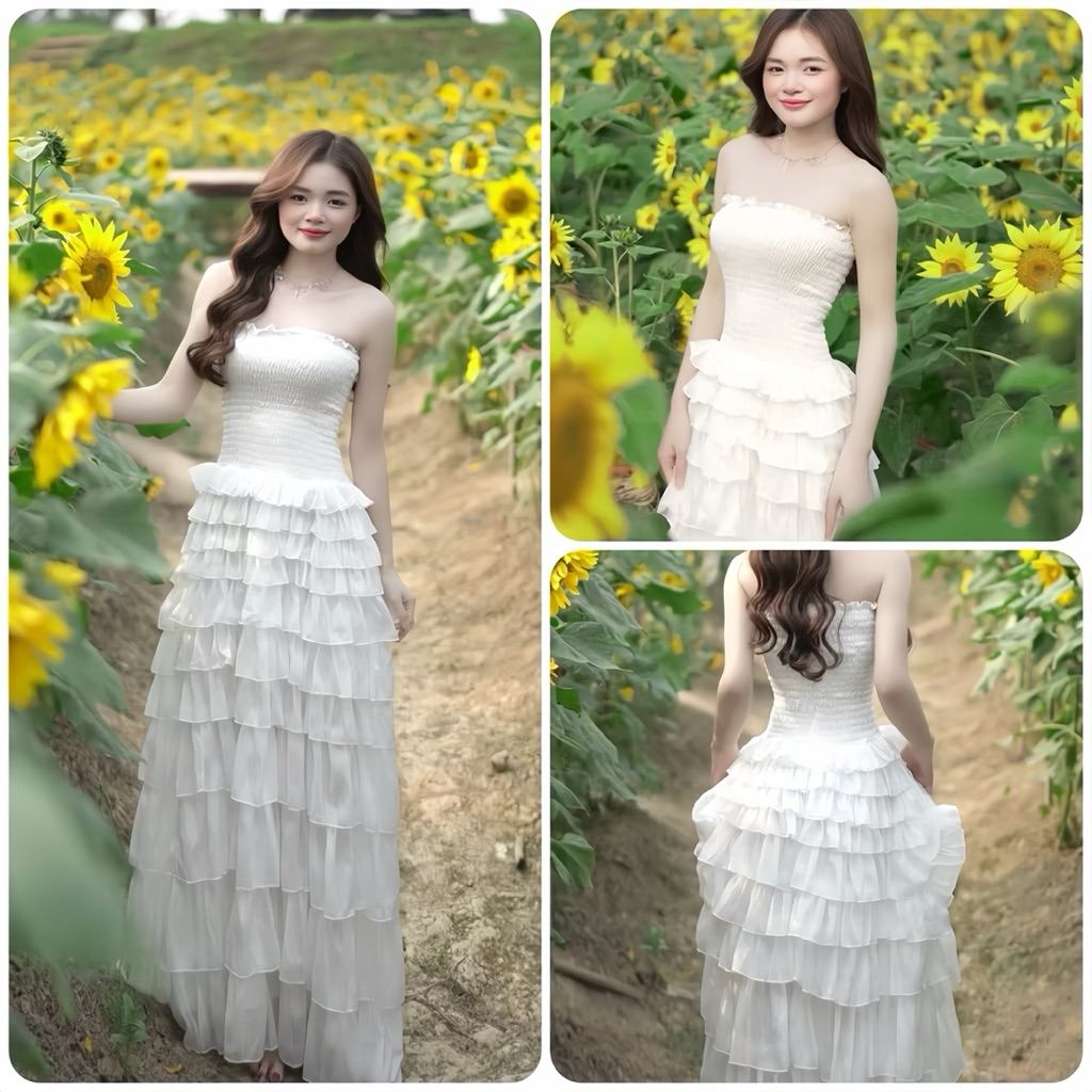 แม็กซี่เดรสปาดไหล่เป็นชั้นๆทําจากผ้าไหมเมทัลลิกประกาย – BECHIC