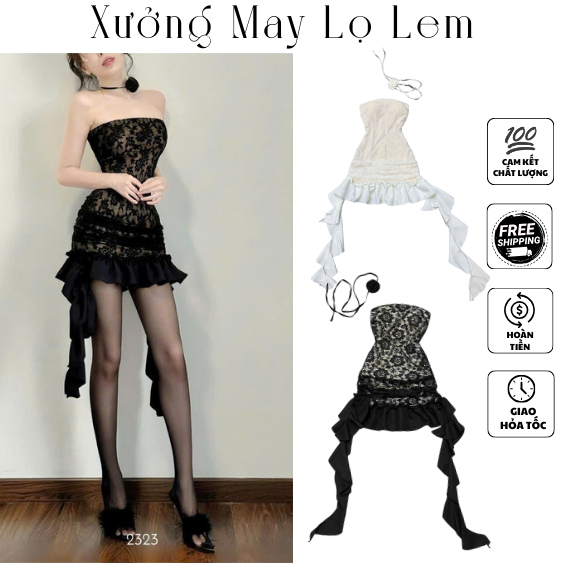 (HCMC EXPRESS)ชุดเดรสสายเดี่ยวพู่ลูกไม้คอปกลายดอกไม้ (พร้อมกางเกง) K6206_XUONGMAYLOLEM