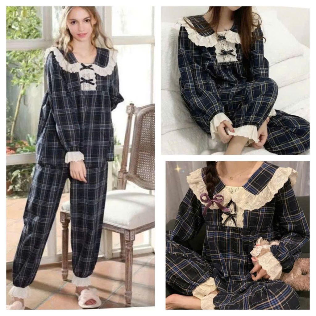 PYJAMA SET WITH LONG SLEEVES AND LONG PANTS WITH SQUARE LACE COLLAR